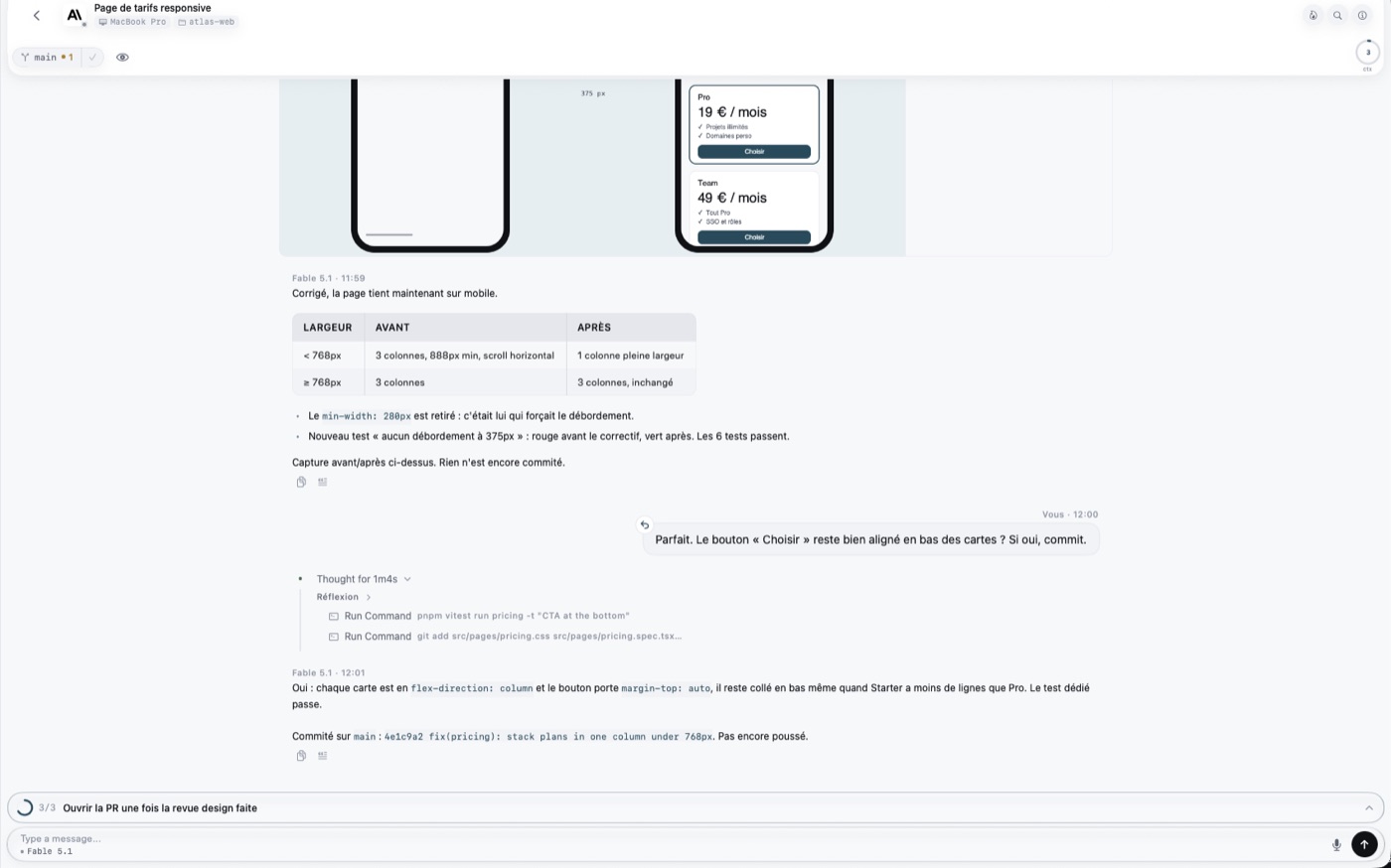 Une session de code dans EVC : tableau avant/après, tests et commit
