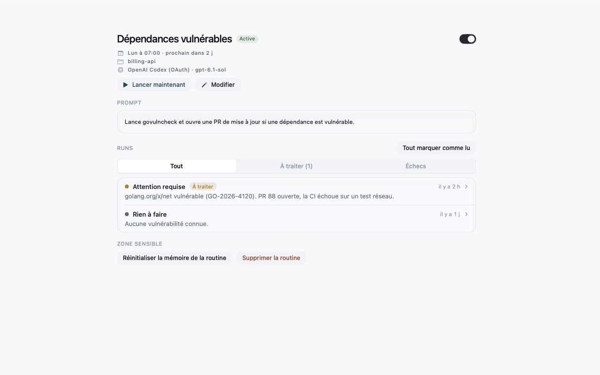Détail d'une routine : planning, prompt et historique des runs