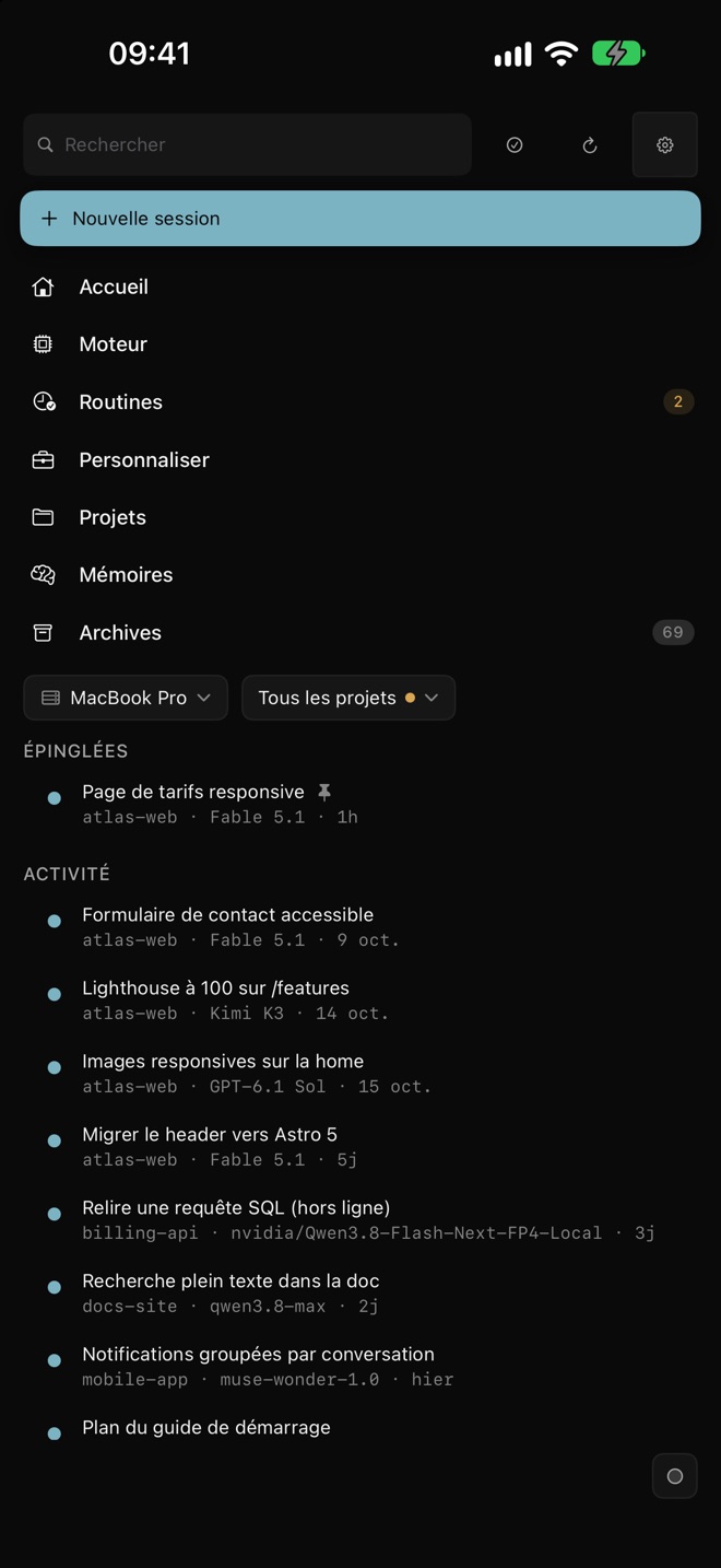 Liste des sessions d'EVC sur iPhone