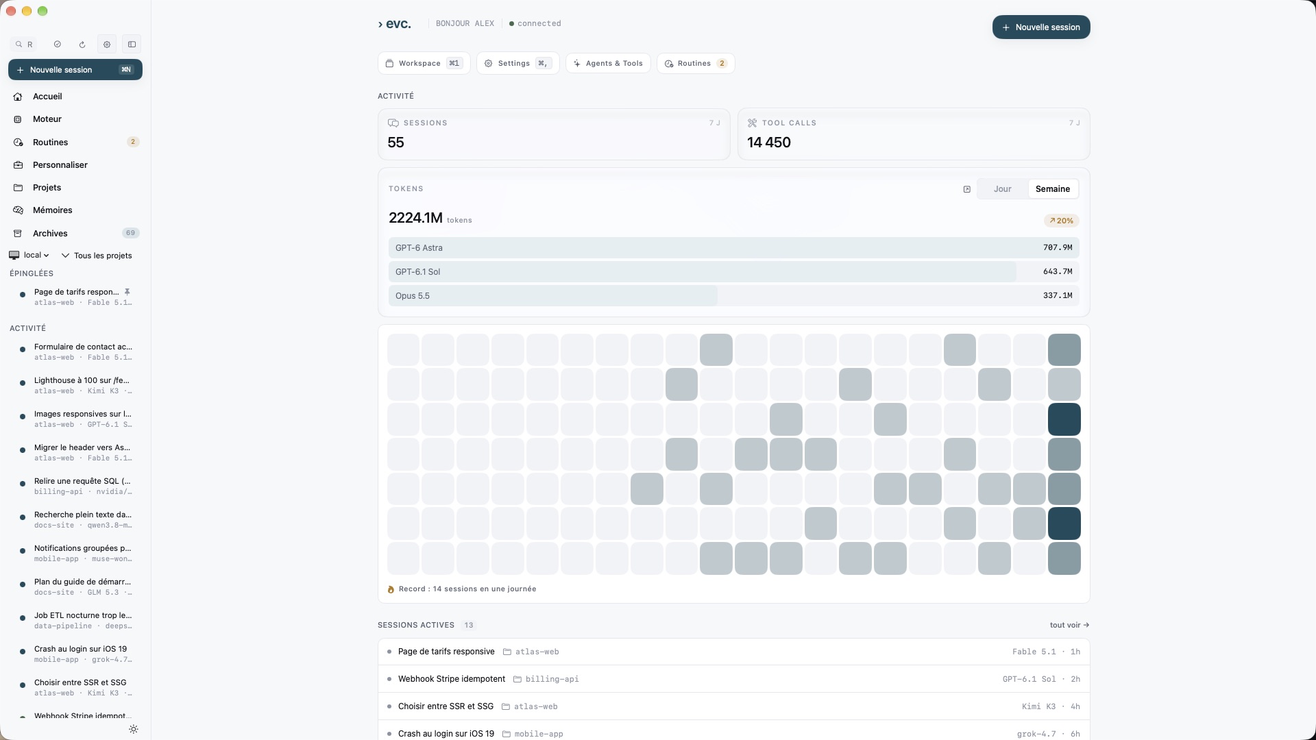 Accueil d'EVC sur Mac : sessions, tool calls, tokens par modèle et activité