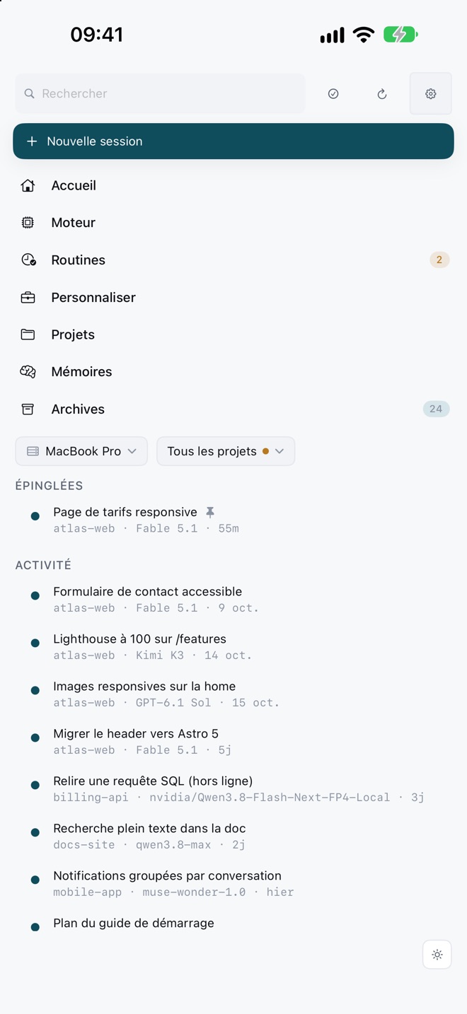Liste des sessions sur iPhone